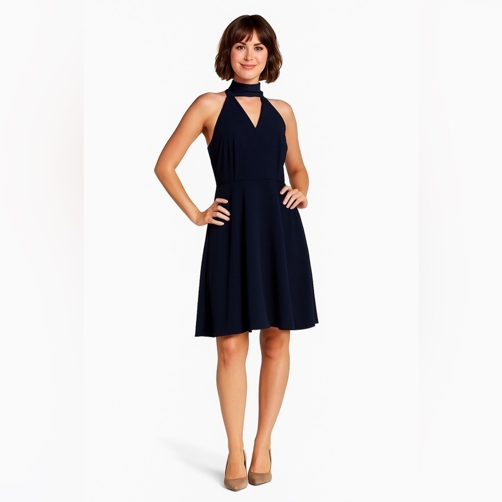 BETSEY JOHNSON A-Line Tie Neck Sleeveless Cocktail Dress Preppy Sz 8 Navy Blue